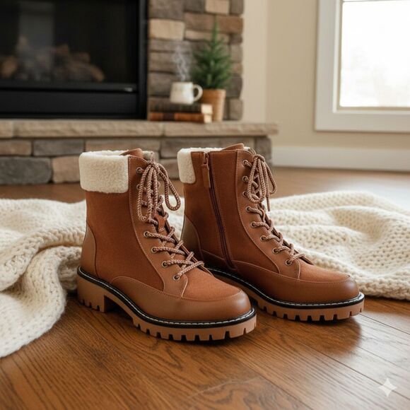 Violet & Red Shoes - Violet & Red Womens Alexa Fleece Lined Lug Sole Leather Combat Boots 8.5 Cognac